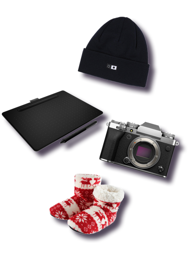 Un bonnet, une tablette graphique, un appareil photo et des chaussettes