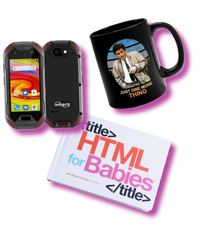 Un mini-smartphone, un mug Columbo et un livre HTML for Babies