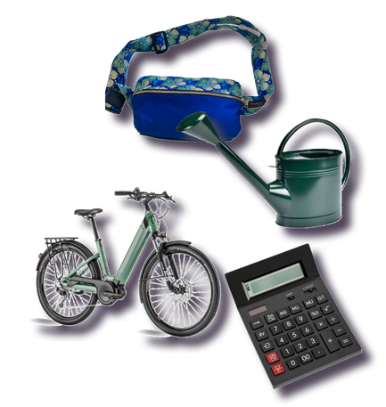 Un sac banane, un arrosoir, un vélo et une calculatrice